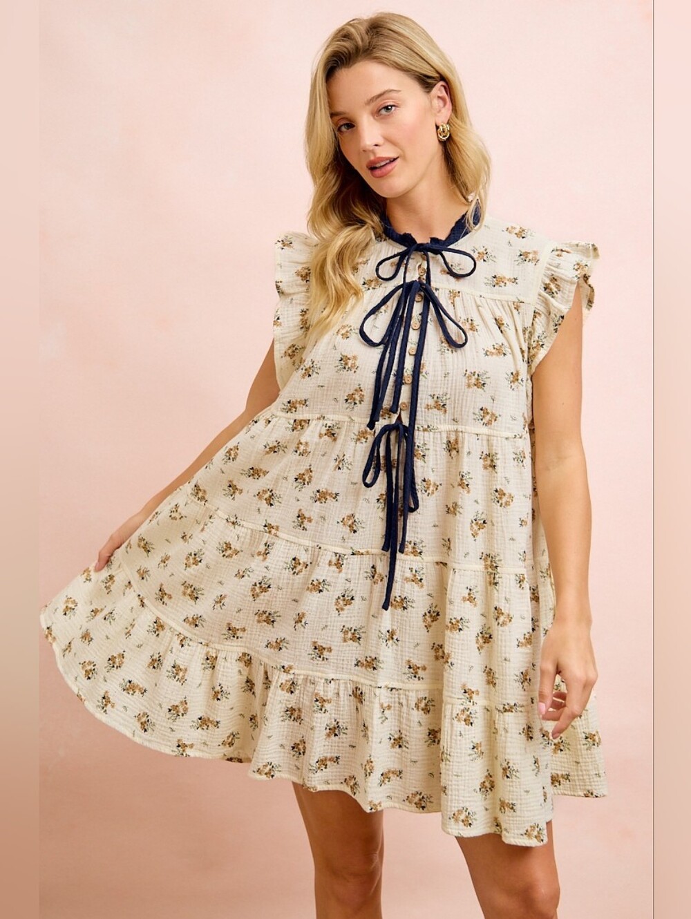 BiBi Floral Multi-tierd Dress With Ruffles And Front Tie- Cream Navy - Picture 8 of 13